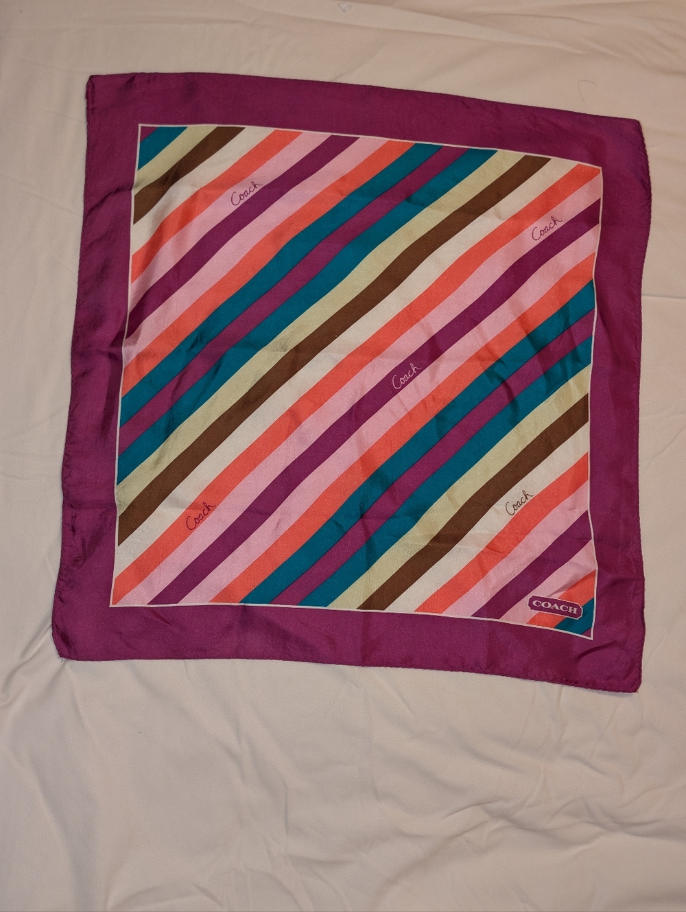 Coach Scarf Multicolor Diagonal Stripe Silk with Magenta Border 21" X 21" GUC - Picture 4 of 11